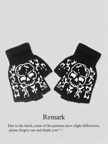 1pair Unisex Fingerless Gloves With Palm & Skeleton Print Design, Suitable For Halloween Costume And Daily Wear, Keep Warm In Winter Snow Gloves