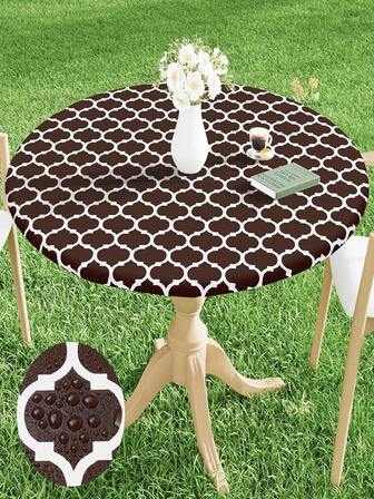 Round Vinyl Tablecloth, 100% Waterproof Elastic Tablecloth, Suitable For 36 "-45" Tables, Washable Flannel Back Plastic Tablecloth, Suitable For Picnics, Camping, Outdoor - Coffee-Colored Morocco
