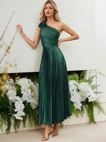 Rochie elegantă din satin cu un singur umăr, cu fundă 3D, fustă evazată, plisată, cu talie înaltă, în linie A, cu crăpătură laterală, potrivită pentru petrecere, banchet, nuntă, domnișoare de onoare