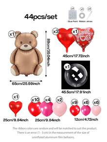 44pcs/Set Valentine's Day Party Decoration Balloon Set, Includes Giant Brown Bear Balloon, 18-Inch And 10-Inch Red Heart-Shaped Balloons, 18-Inch Red Printed "I Love You" Slogan Heart-Shaped Balloons, 18-Inch Clear Bobo Balloons, 10-Inch Red/Magenta/Macaron Pink Latex Balloons - Multicolor - View 2