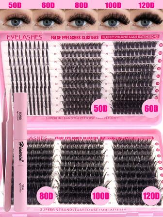 Hinarin 580 件 D 卷曲簇状睫毛套装 50D+60D+80D+100D+120D 混合浓密睫毛簇 10-18 毫米蓬松自然单簇睫毛延长尖刺纤细多类型睫毛延长 DIY 睫毛延长套装带睫毛镊子带和密封圈适用于圣诞节万圣节派对