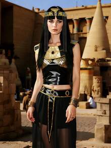 Egyptian Queen Cleopatra Costume, Black And Gold Dress With Scale Collar, Headpiece And Belt, Adult Standard Size