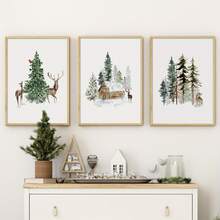 3 pièces Impressions sur canevas de Noël, Forêt d'hiver, Art de cabane de renne, Décoration murale thème mode, Œuvre d'art de vacances pour la maison, Décoration de Noël, Art mural sur canevas, Affiches pour la chambre, Décoration de la maison, Décoration de chambre esthétique, Accessoires de décoration de chambre. Cadre en option, Décoration de chambre.