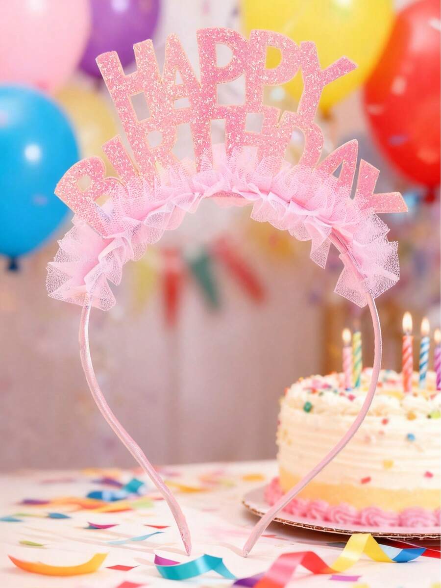 1件装女孩生日派对发带,粉色闪亮亮片“生日快乐”字母装饰网纱头饰,可爱经典的青少年特别日派对发饰 - 彩色 - 查看 1