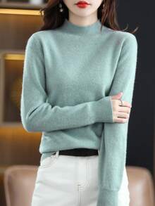 100% 美利奴羊毛女士毛衣柔软保暖立领套头衫秋冬毛衣单线无缝毛衣 - 薄荷綠 - 查看 4