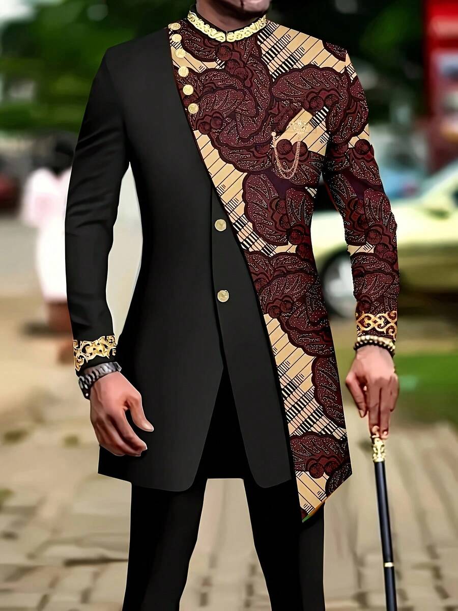 Men's Casual Long-Sleeved Two-Piece Suit, Mid-Length Top And Trousers - Black - View 1