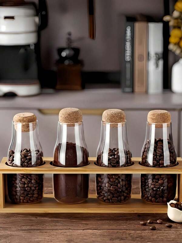 1pc Wooden Lid Airtight Storage Jar, Large Capacity Moisture-Proof Container For Coffee Beans/Powder, Glass Canister