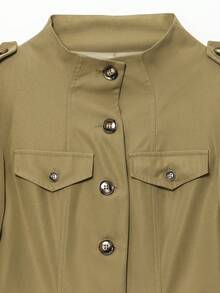 Women's Khaki Bomber Jacket, Casual Long Windbreaker For Autumn/Winter, Button-Up Long Sleeve Street Style Outerwear - Khaki - View 7