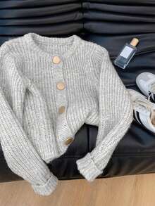 Women's Solid Color Ribbed Cardigan With Round Button, Fashionable And Elegant Autumn/Winter Apparel