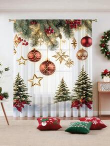 1 pieza Cortina decorativa de tul navideña, adecuada para sala de estar, dormitorio, cocina, fiesta navideña, estrella de Navidad, fruta navideña, globo dorado, rama de pino navideña, árbol de Navidad, 100g/㎡
