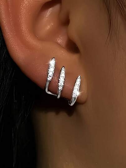 1 Pair Of Three Claw Curved Design Elegant And Sexy Earrings Set With Synthetic Zirconia, Women's Jewelry, Perfect For Daily Wear And Holiday Party Gifts