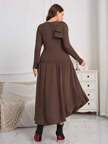 Plus Size Women's Asymmetric Ruched Shoulder Bow Decor Patchwork Handkerchief Hem Long Sleeve Dress, Autumn - Reddish Brown - View 2