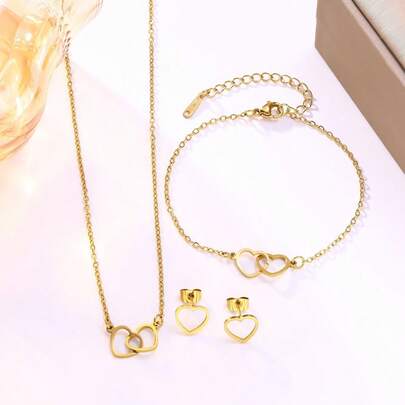 Conjunto de collar, pulsera y aretes con colgante de corazón entrelazado, chapado en oro de 18K, de acero inoxidable, de moda y personalizado, adecuado para uso diario de mujeres