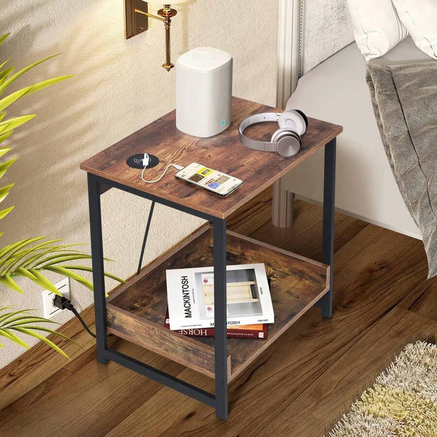 ARREDAMENTI Mesita Noche con Carga Inalámbrica, Mesas Auxiliares para Espacios Pequeños, Mesas Auxiliares Industriales 2 Niveles para Sala Estar/Dormitorio, Montaje Resistente y Fácil, Marrón - Vintage (50*40*58 cm) - Ver 1