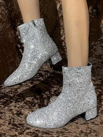 Autumn New Fashionable Square Toe Thick Heel High Heel Boots For Teenagers, Large Size European And American Glitter Mid-Calf Boots