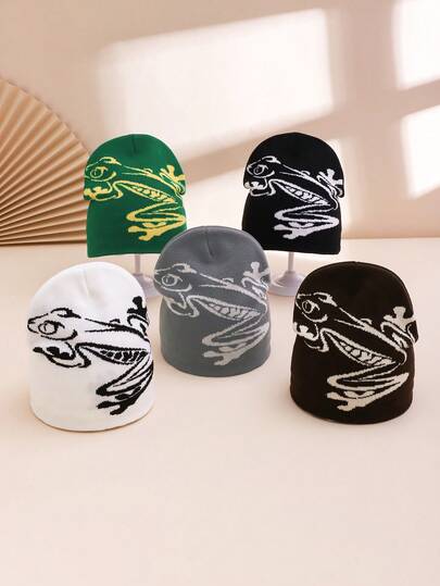 1pc Men's Dual-Tone Jacquard Frog Pattern Knit Beanie Hat, Warm & Fashionable For Casual, Commute, Couple Outings In Autumn Winter Clothing