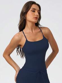 Sodalemon Women Cross Back Sleeveless Sport Training Run Padded High Support Outdoor Yoga Tank Top - Navy Blue - View 5