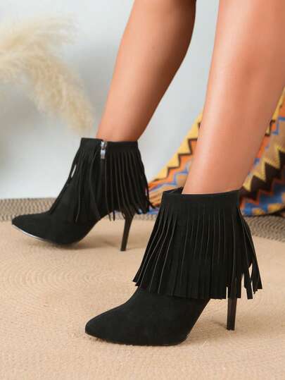 بوت كاحل وأحذية قصيرة للنساء ذات كعب عالي رفيع مزينة بشرابات، ذات لون أحادي مع سحاب جانبي وأصابع مدببة، كلاسيكية للخريف/الشتاء، مناسبة للتنقل اليومي والحفلات، متعددة الاستخدامات، من الجلد الأحمر الداكن، مريحة