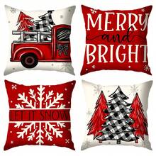 4 buc. fețe de pernă roșii de Crăciun, decor de Crăciun tip casă de la țară, fețe de pernă decorative cu model de camion de Crăciun, potrivite pentru canapea, sufragerie, exterior, inserția de pernă nu este inclusă