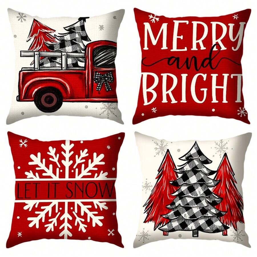 4 buc. fețe de pernă roșii de Crăciun, decor de Crăciun tip casă de la țară, fețe de pernă decorative cu model de camion de Crăciun, potrivite pentru canapea, sufragerie, exterior, inserția de pernă nu este inclusă
