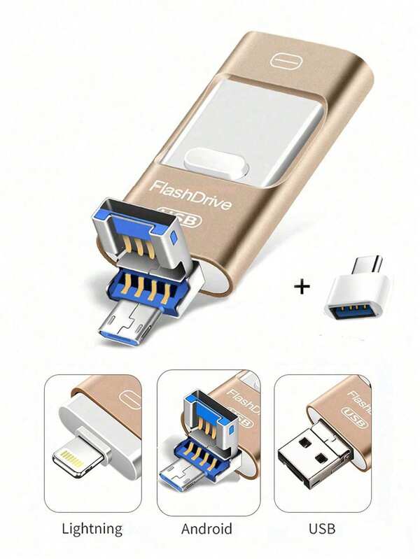 4 In 1 3.0 USB Flash Drive Lightning Connector 32GB,64GB,128GB,256GB, Compatible With Android Phones And Apple Phones,Equipped With TYPE-C Adapter,Storage Expansion For Laptop, Tablet, Smart TV, Car Music Storage Disk