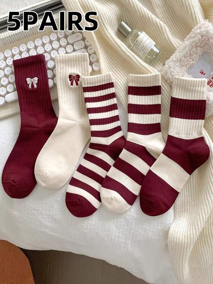 5 Pairs New Angola Red Socks, Breathable Moisture-Wicking Mid-Calf Socks, Unisex, Suitable For Christmas And Autumn Wear - Multicolor - View 1