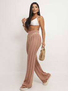 Women's Crochet Knit Beach Cover-Up | Elegant, Openwork, Chic Wide-Leg Pants With Adjustable Waist - Beige Beach Pants - View 7
