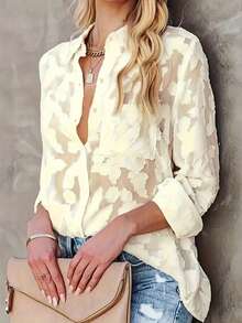 Plus Size Women Casual Jacquard Blouse, Loose Textured Long Sleeve Shirt, Apricot Color, Suitable For Back To School, Daily Wear, And Vacation