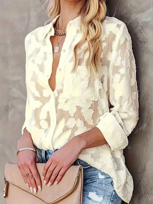 Plus Size Women Casual Jacquard Blouse, Loose Textured Long Sleeve Shirt, Apricot Color, Suitable For Back To School, Daily Wear, And Vacation