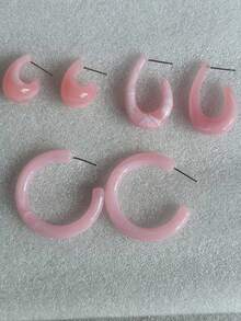 3 Pairs Fashionable & Elegant Pink C-Shaped Hoop Earrings - Pink - View 2