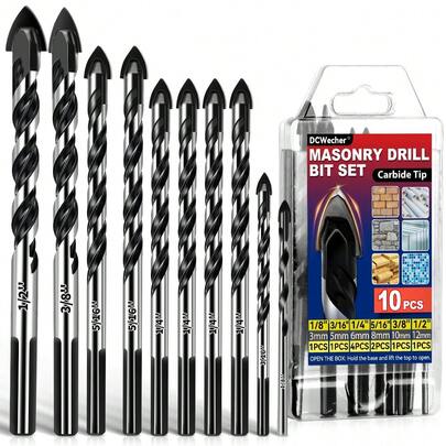 10-PCS Masonry Concrete Drill Bit Set, Heavy-Duty Masonry Drill Bits For Concrete, Brick, Tile, Cement, Carbide Tip (1/8" To 1/2")