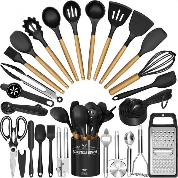 Kitchen Utensils Set- 34PCS Silicone Cooking Utensils With Holder, Heat Resistant Kitchen Utensil Spatula Set For Nonstick Cookware, Black Wooden Handles Kitchen Gadgets Tools Set - Perfect For Thanksgiving, Christmas, New Year's, And Mother's Day Cooking And Gifting