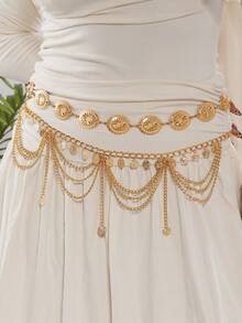 2 件复古波西米亚风格雏菊花瓣和花朵设计，配多层硬币肚脐链，性感阿拉伯流苏腰链，适合海滩、节日、派对、万圣节、校园秋季 - 金色2件 - 查看 5