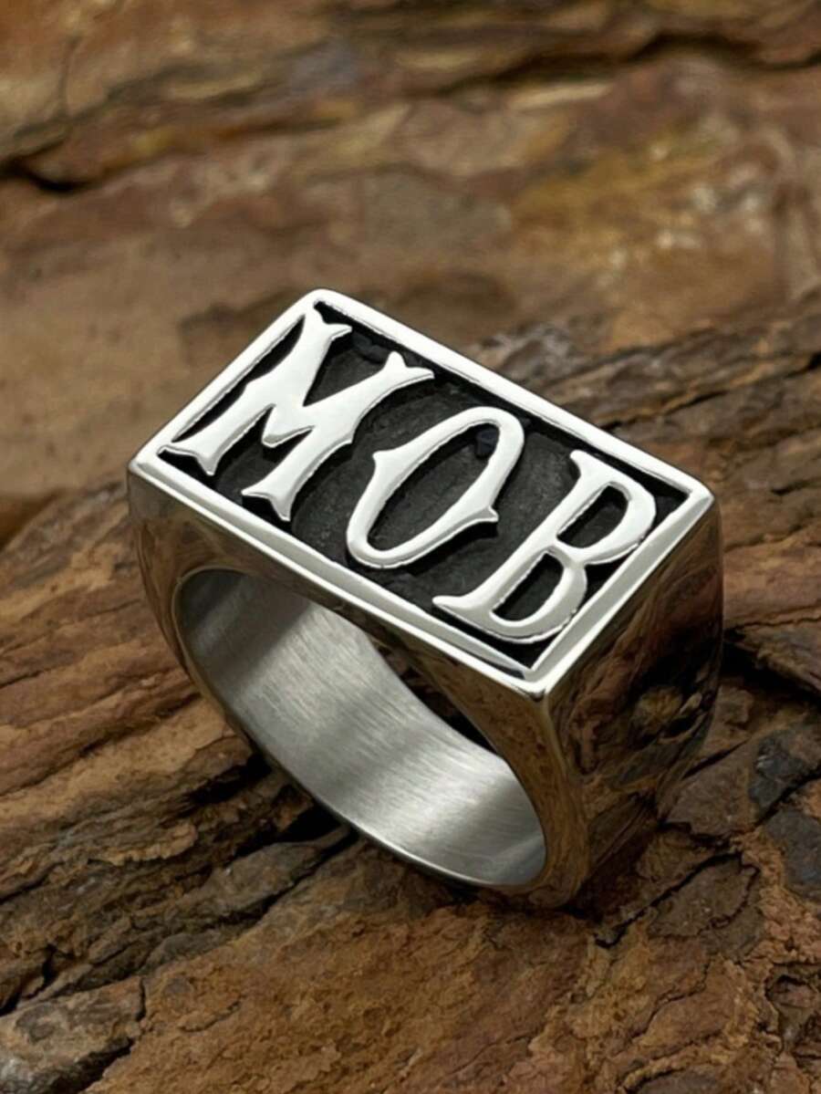 1pc US Size European & American Hot-Selling Personalized Fashion MOB Stainless Steel Ring, Suitable For Friends, Colleagues, Dad, Mom, Boyfriend, Couples - Silver - View 1