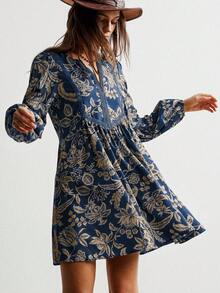 Rusttydustty Striped Lace V-Neck Casual Long Sleeve Classic Blue Dress, Bohemian Beach Outfit, Music Festival Tropical Vacation, New Year, Valentine''s Day Dress - Dusty Blue - View 9