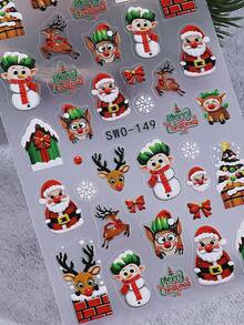 2张可爱圣诞新年5D立体浮雕美甲贴纸，圣诞老人、驯鹿、雪人、蝴蝶结图案，自粘美甲装饰，美甲用品，DIY配件 - 彩色 - 查看 6