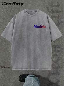 Y2K Style, Cool  UFO Elements, Outdoor Sports Vibe, Modern Street Style, Fashionable Pure Cotton Vintage Washed T-Shirt With Loose Fit, Unisex Design. A Perfect Surprise Gift For Family And Friends. Features Dropped Shoulder Sleeves + Crew Neck, Made Of High-Quality Batik Cotton, A Retro Fashion Brand T-Shirt. With Moderate Thickness, It's Ideal For Summer Wear And A Top Choice For Holiday Gifting. - 灰色 - 查看 2