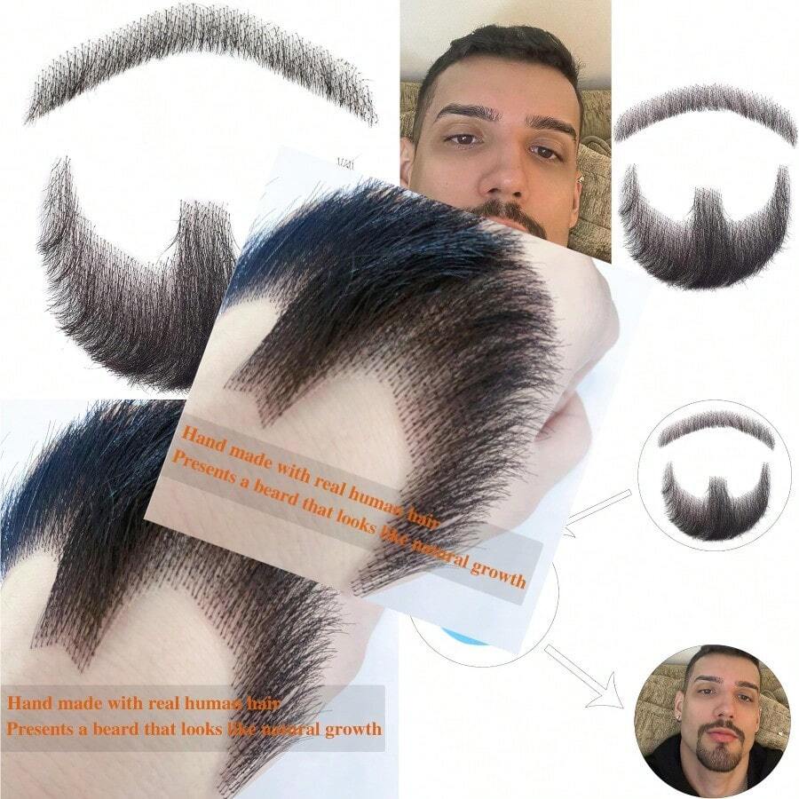 Fake Beard Fake Mustache Human Hair Full Hand Tied Lace Facial Hair Black Goatee Beard Festival Costume Beard Parties Cosplay - Estilo1 - Ver 1