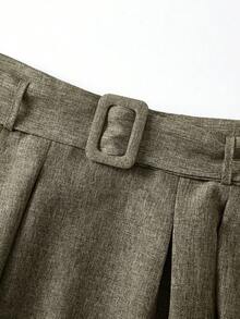 EARO 女士高腰修身灰色百搭优雅宽松日常通勤休闲设计松紧腰可调节腰带 A 字裙 - 綠色 - 查看 3