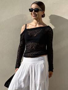 Livesso Women's Lace Asymmetric Neck Slim Fit Crop Top, White, Spring/Summer Sheer Long Sleeve Women Tops,Fall Women Clothes - Black - View 2