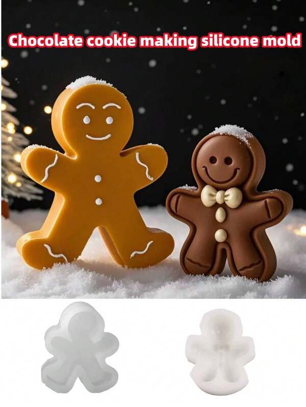 1 pieza Molde de silicona con formas de hombre de jengibre navideño, árbol de Navidad y hoja de acebo para hornear chocolate, caramelos, galletas y decorar pasteles navideños