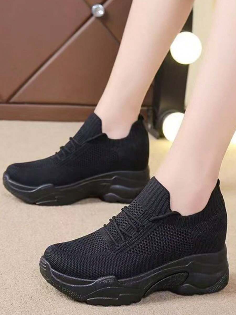 Preppy Style Platform Sneakers For Women, Spring Mesh Casual Athletic Shoes, Breathable Thick Sole Chunky Sneakers