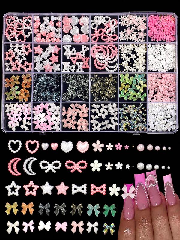 Chunky Nail Charms And Gems Set With Rhinestone Glue, Girly Coquette Nail Charms + Assorted Pearl Bows Heart Star Moon + Cute 3D Flowers For Nails + Flatback Pearls For Kawaii Nail Design Y2K Nail Style.
