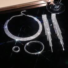 Fashionable Silver Tassel Jewelry 4-Piece Set, Exquisite And Elegant Design, Shiny Decoration, Durable Structure, Suitable For Daily Wear, Wedding, Banquet, Party, Birthday Party, Graduation Ceremony, Valentine's Day, Halloween, Christmas, Celebration Holiday Wear, Is An Ideal Gift For Women