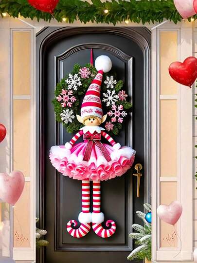 圣诞快乐新年快乐粉白相间门帘 - 涤纶材质，尺寸 35.43 x 70.87 英寸，适用于家居门廊、草坪、花园装饰 - 多功能户外节日横幅