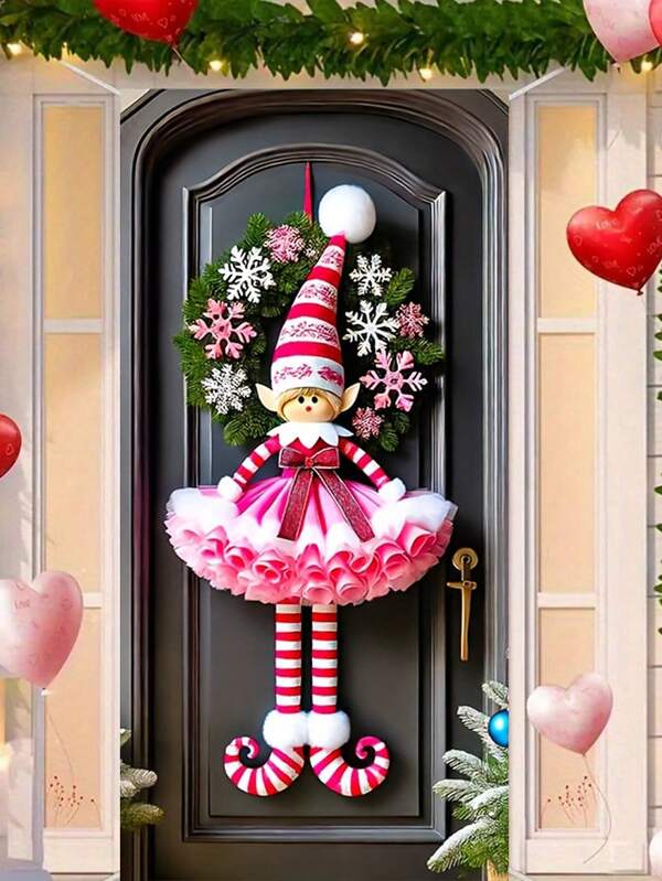 Joyeux Noël et Bonne Année Rideau de porte rose et blanc - Polyester, 90 x 180 cm, parfait pour la décoration de la maison, du porche, de la pelouse et du jardin - Bannière polyvalente pour les fêtes