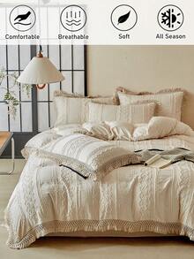 2/3 件卡其色簇绒纹理涤纶羽绒被套套装带流苏，波西米亚风格破旧别致床上用品套装，适合所有季节使用（1 个羽绒被套 + 1/2 个枕套），柔软透气，无填充物 - 卡其色 - 查看 2