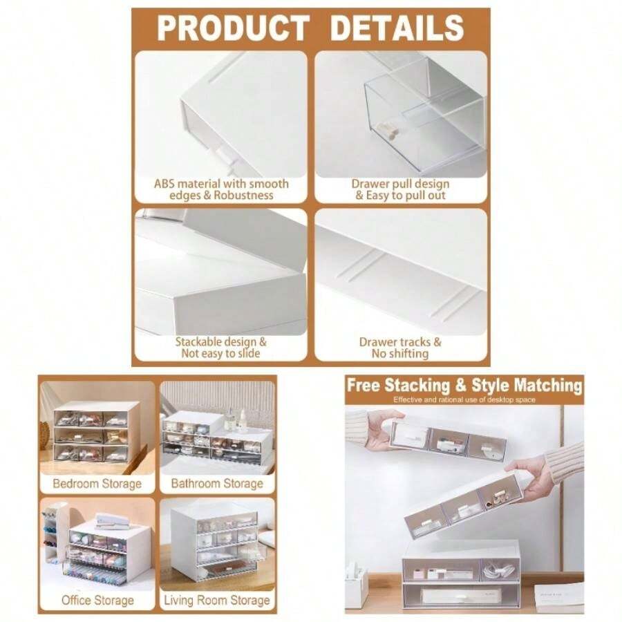 Desktop Drawers, Plastic Storage Drawers Stackable Storage Boxes, Desk Organiser Drawers Desk Storage Storage Bathroom Storage Office Storage Home Storage 6 Drawers Whitexl - 9 Drawers & White - View 1