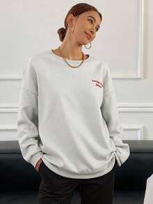Livesso Damen Loose Fit Pullover mit Buchstickerei, Rundhalsausschnitt, Fleece, Langarm Oberteil, Herbstmode für Frauen - Grau - Übersicht 7