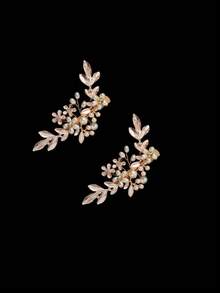 1pc Elegant Floral & Leaf Rhinestone Faux Pearl Decorated Garden Wedding Bridal/Bridesmaid Hair Clip Accessory Valentine's Day Accessories - Gold - View 12